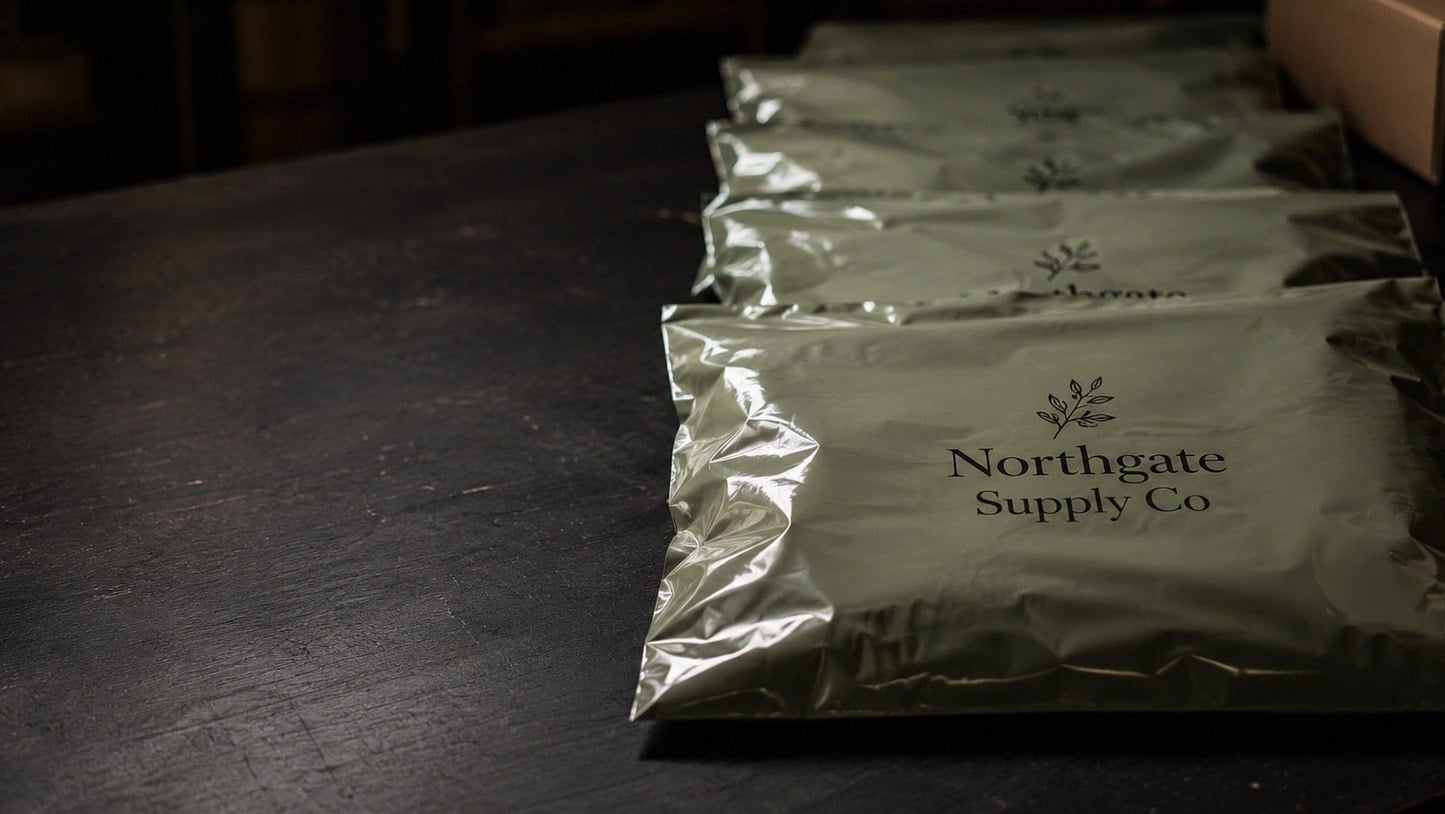 Custom printed poly bags with logo stacked on a packing table