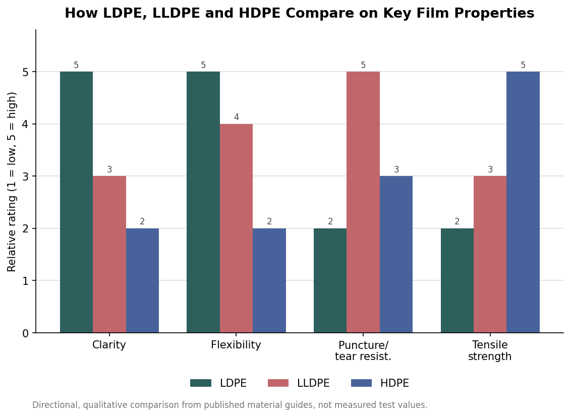Grouped bar chart comparing LDPE, LLDPE and HDPE on clarity, flexibility, puncture resistance and tensile strength
